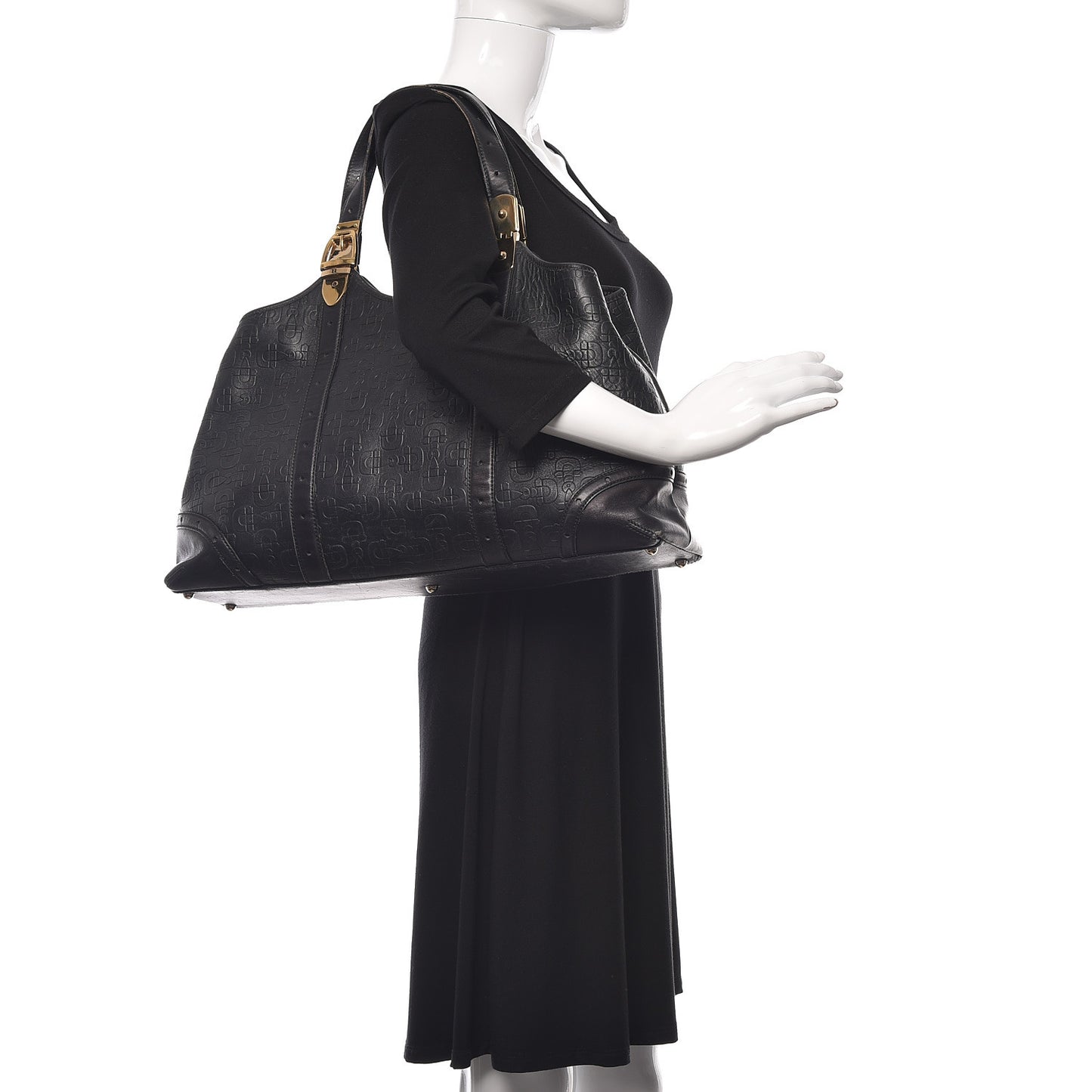 Calfskin Horsebit Embossed Large Glam Shoulder Bag Black