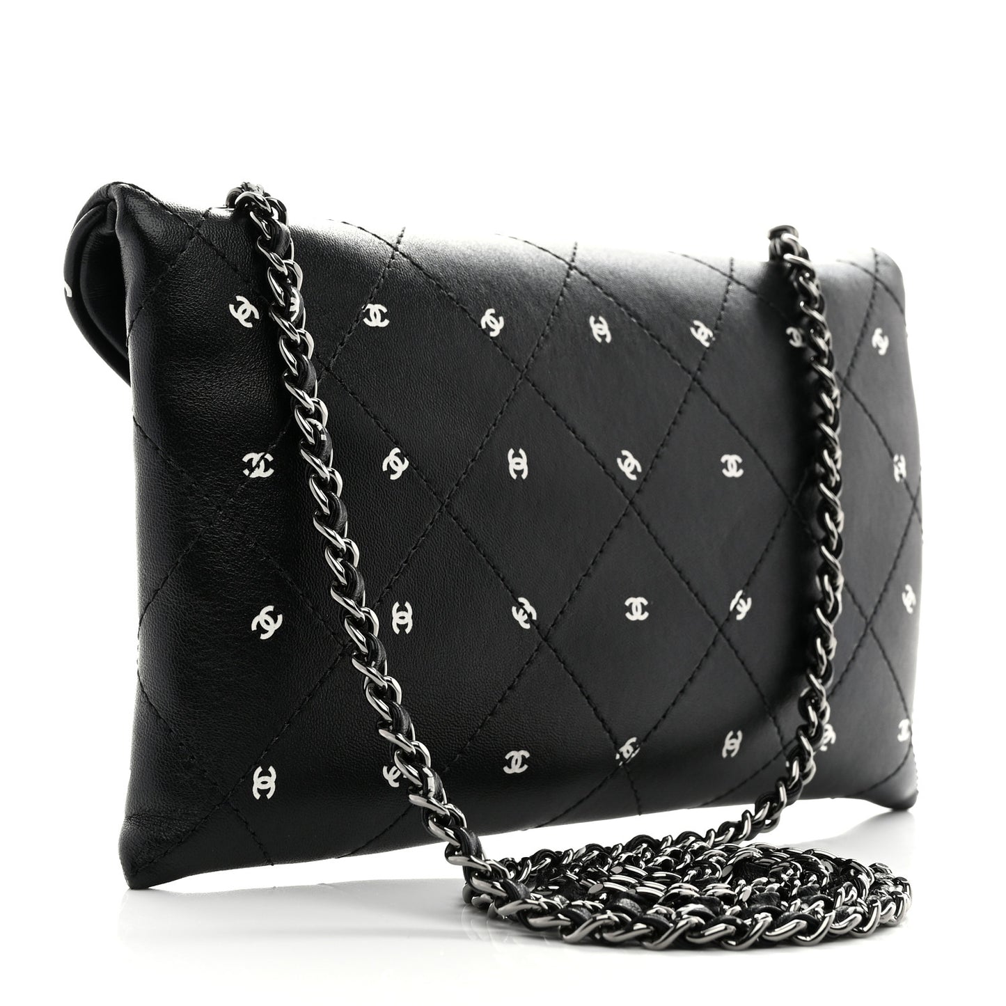 Printed Lambskin Logo CC Envelope Clutch With Chain Black White