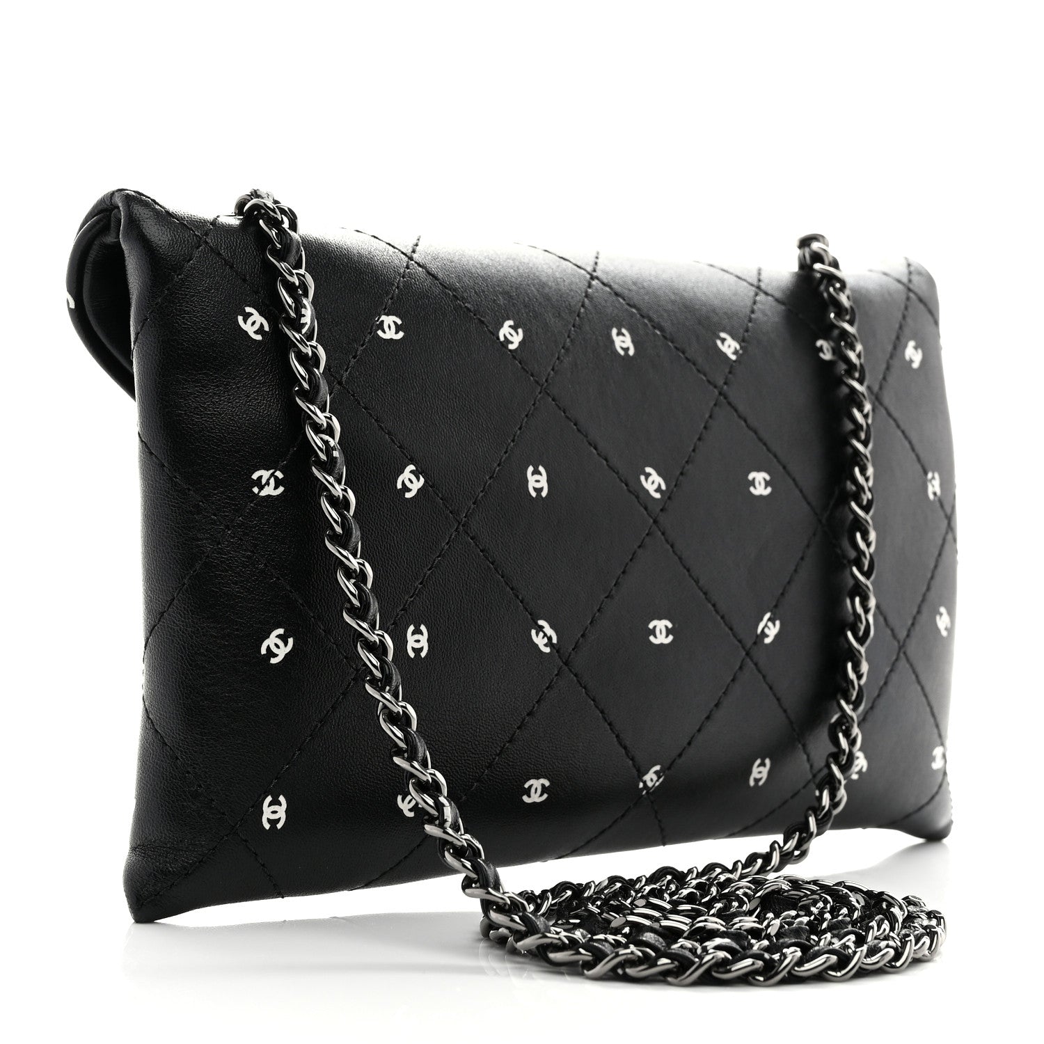 Chanel Printed Lambskin Logo CC Envelope Clutch With Chain Black White 3 of 10