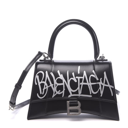 Balenciaga Shiny Box Calfskin Graffiti Logo Small Hourglass Top Handle Bag Black Silver 1 of 10