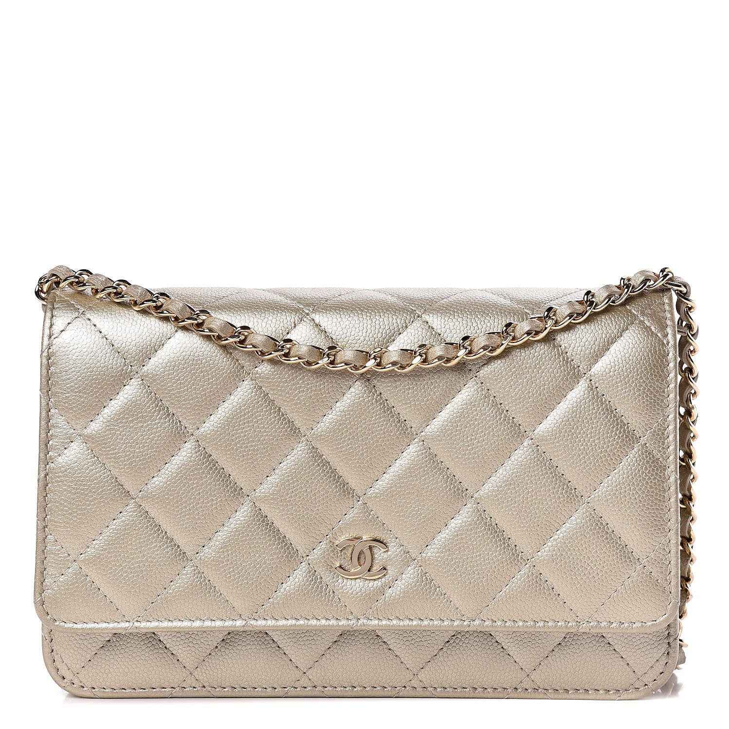 Chanel Pearly Caviar Quilted Wallet On Chain WOC Light Gold 1 of 12