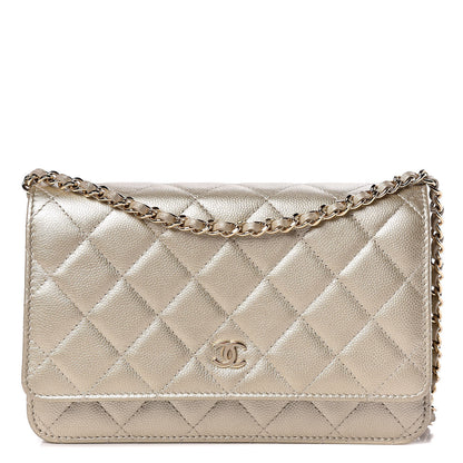 Chanel Pearly Caviar Quilted Wallet On Chain WOC Light Gold 1 of 12