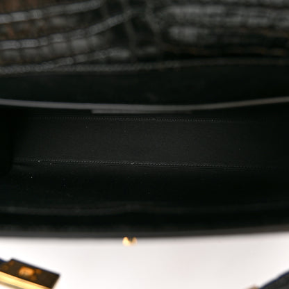 Saint Laurent Shiny Calfskin Crocodile Embossed Manhattan Baguette Black 5 of 9