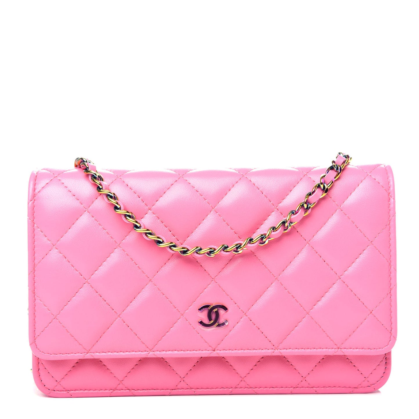 Lambskin Quilted Wallet On Chain WOC Pink Yellow