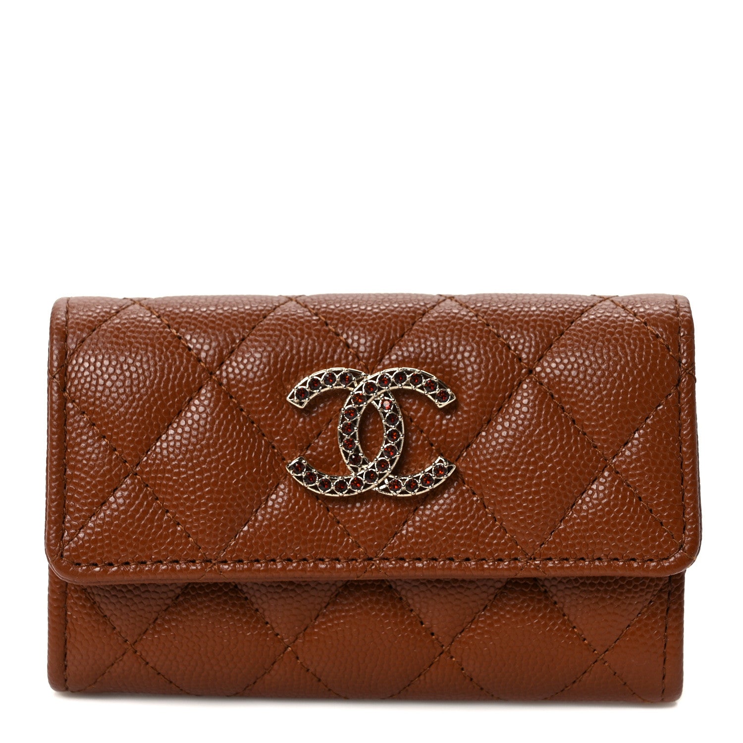 Chanel Shiny Caviar Quilted Strass CC Flap Card Holder Brown 1 of 7