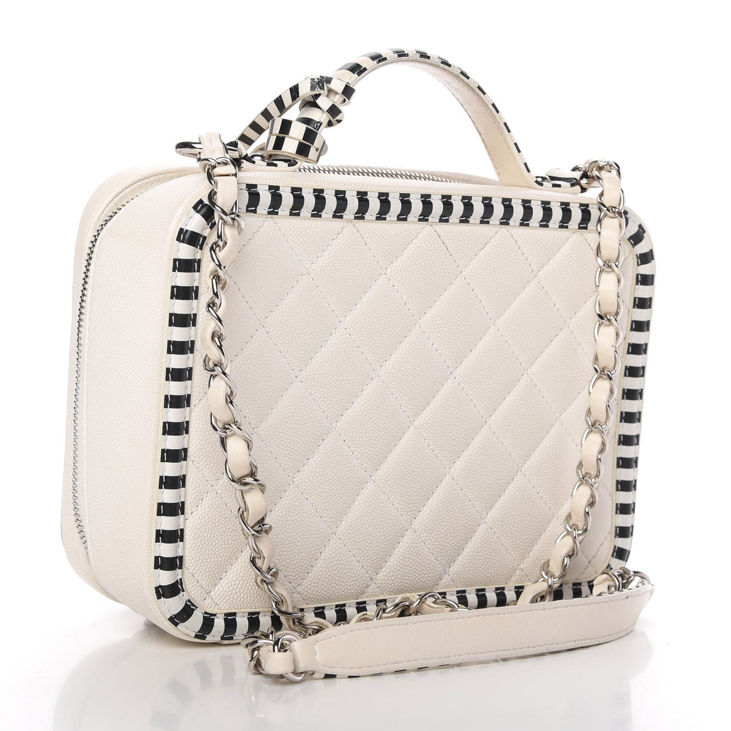 Caviar Quilted Striped Medium CC Filigree Vanity Case White Black