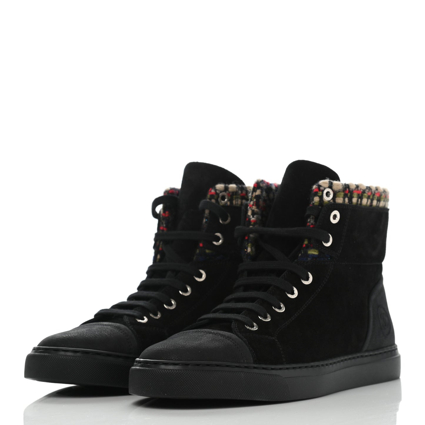 Suede Calfskin Goatskin Tweed High Top Sneakers 40.5 Black