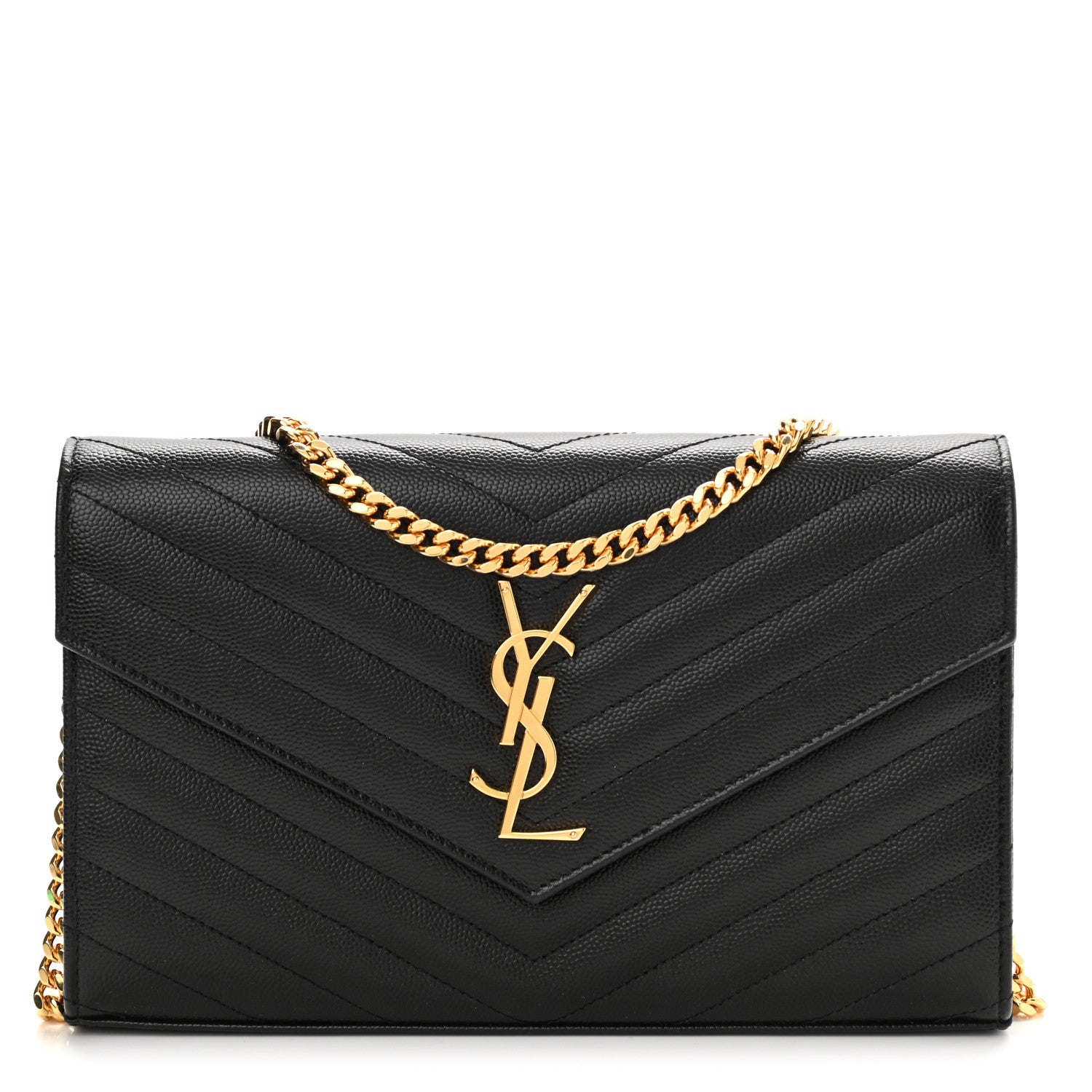 Saint Laurent Grain De Poudre Matelasse Chevron Monogram Chain Wallet Black 1 of 8