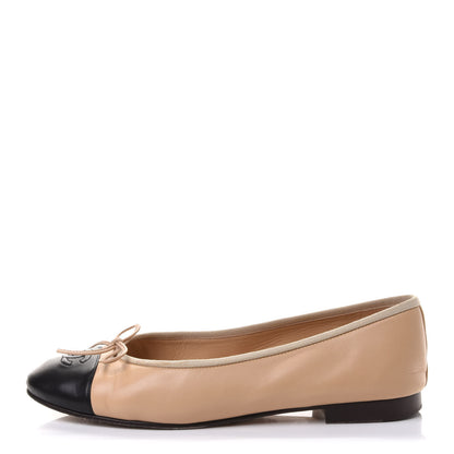 Chanel Lambskin Cap Toe CC Ballerina Flats 39 Beige Black 1 of 13