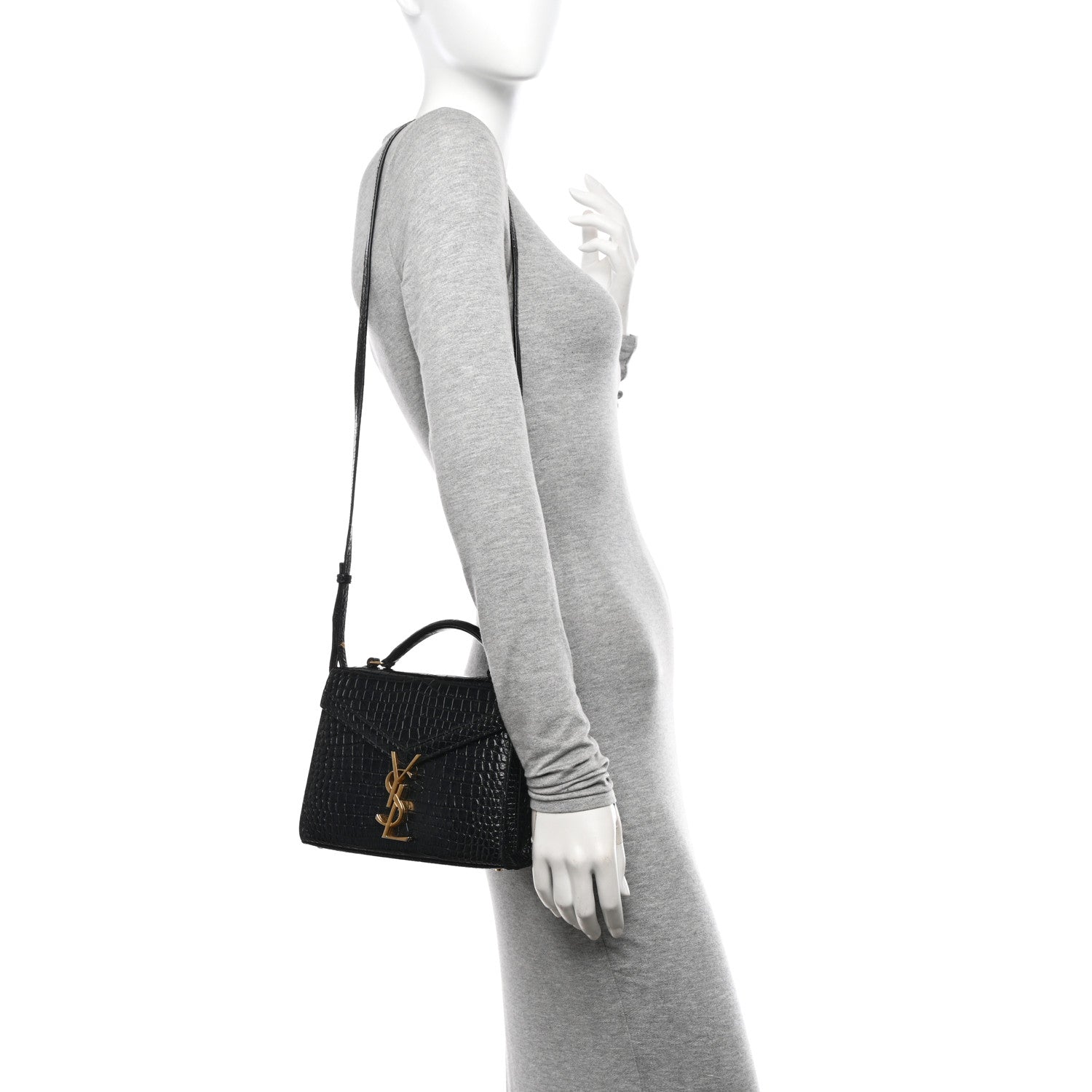 Saint Laurent Calfskin Crocodile Embossed Mini Classic Monogram Cassandra Top Handle Black 2 of 10