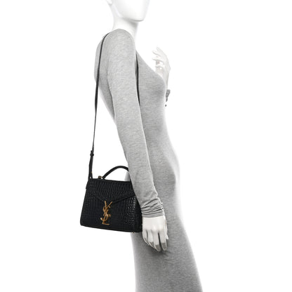 Saint Laurent Calfskin Crocodile Embossed Mini Classic Monogram Cassandra Top Handle Black 2 of 10