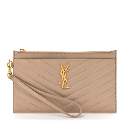 Saint Laurent Grain De Poudre Chevron Monogram Large Bill Pouch Dark Beige 1 of 10