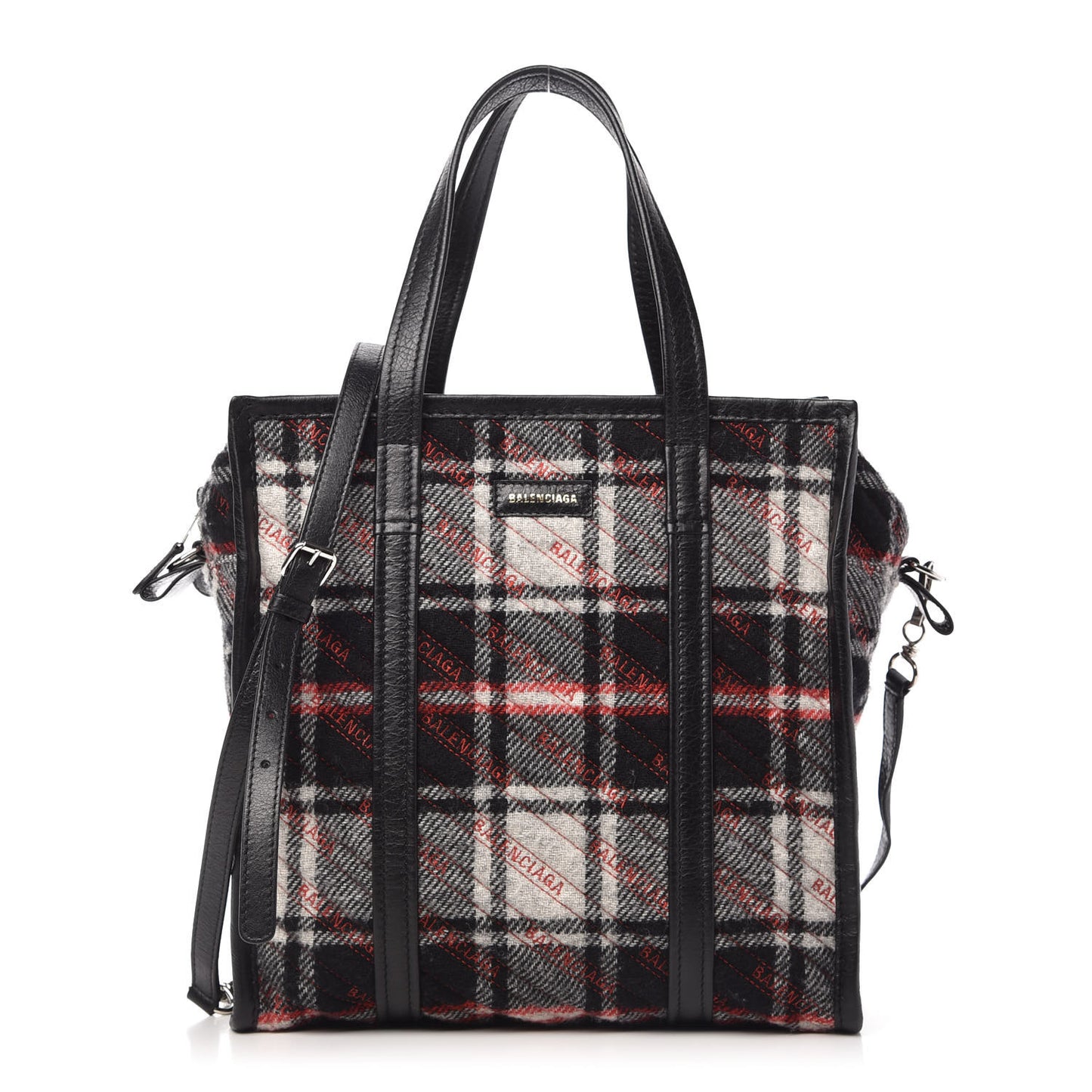 Wool Cuir Arena Plaid Diagonal Allover Logo Matelasse S Bazar Shopper Tote Black White Red