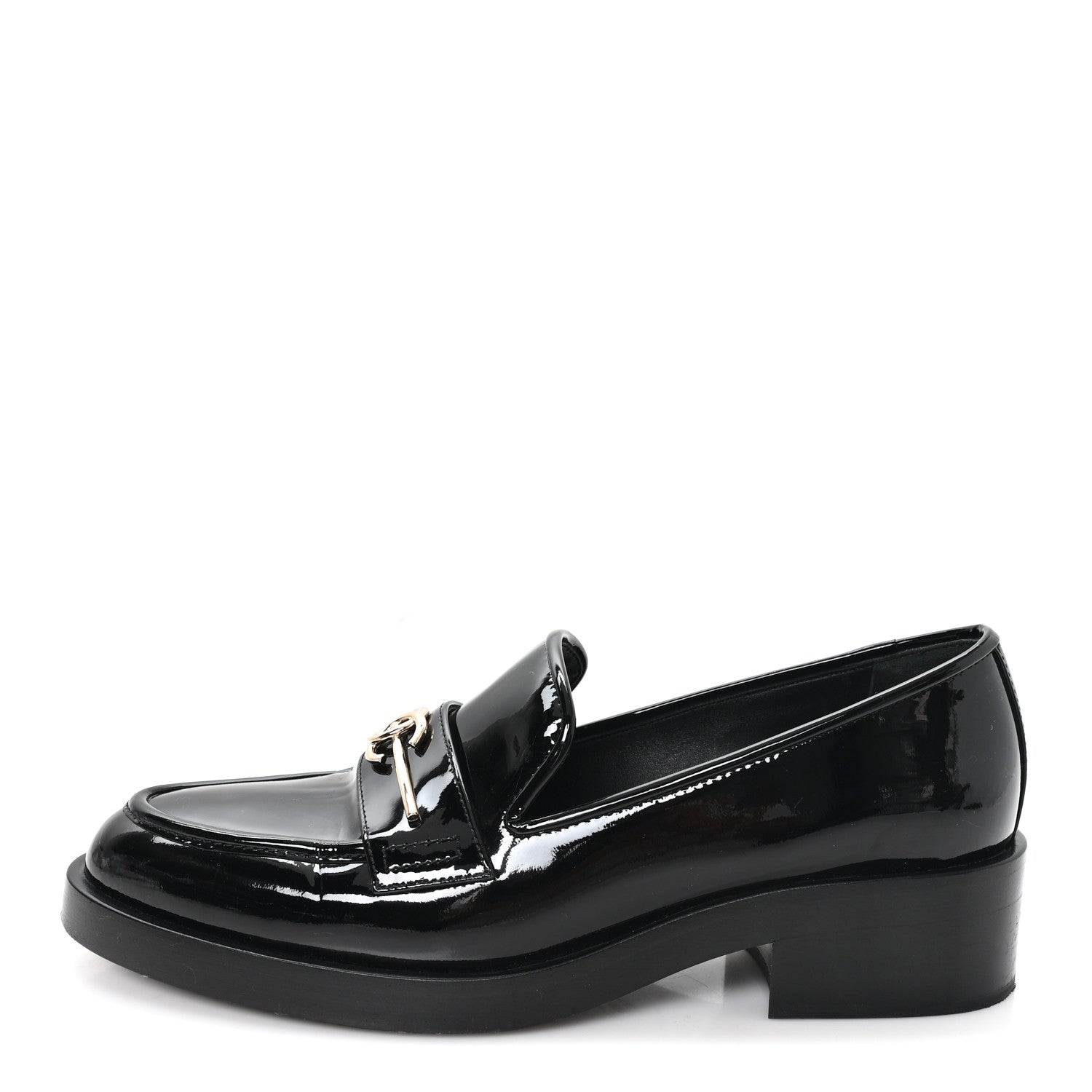 Chanel Patent Calfskin Metal CC Mocassin Loafers 38.5 Black 1 of 9