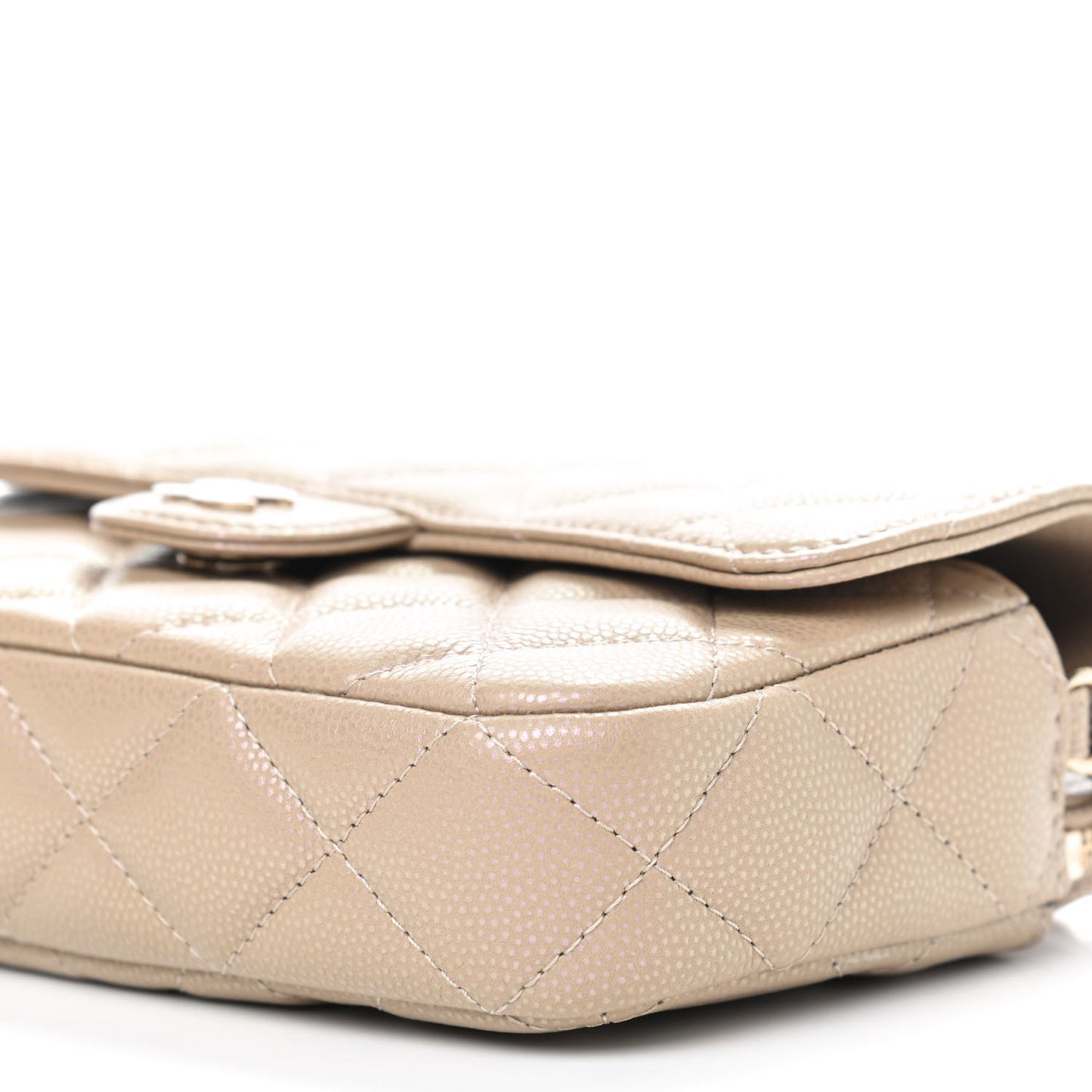 Iridescent Caviar Quilted Flap Phone Holder With Chain Beige
