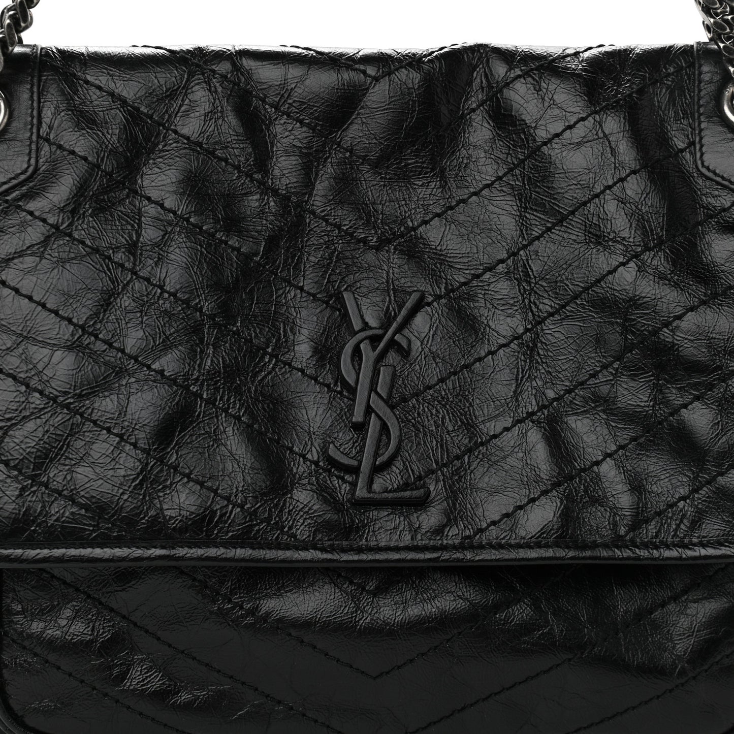 Crinkled Calfskin Matelasse Monogram Large Niki Chain Satchel Black