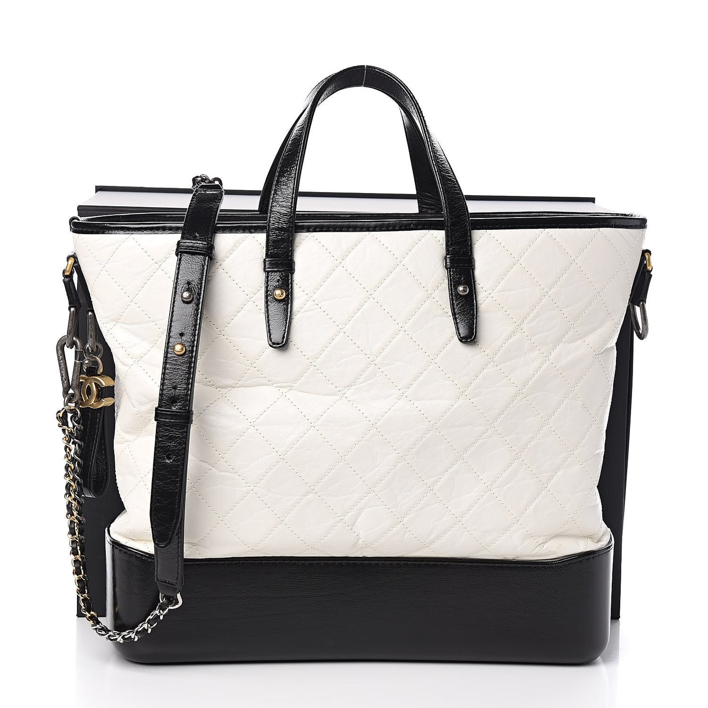 Aged Calfskin Quilted Large Gabrielle Shopping Tote White Black