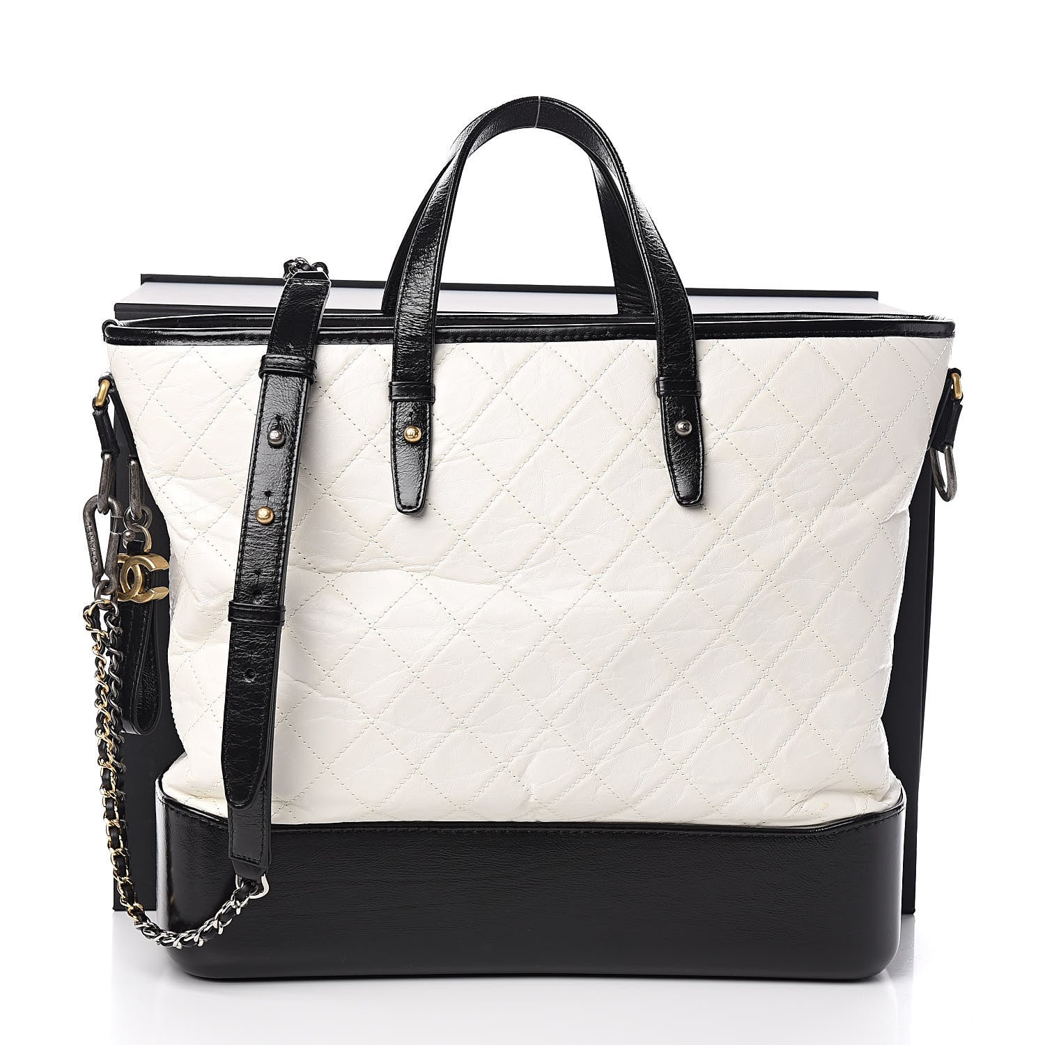 Chanel Aged Calfskin Quilted Large Gabrielle Shopping Tote White Black 11 of 11