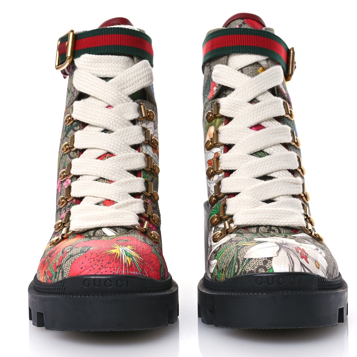 Gucci GG Supreme Monogram Flora Lace Up Combat Ankle Boots 35.5 Beige Multicolor Red 3 of 10