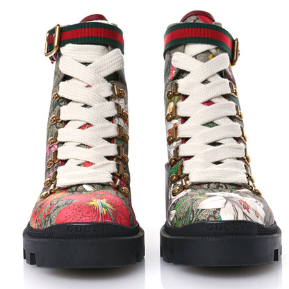 Gucci GG Supreme Monogram Flora Lace Up Combat Ankle Boots 35.5 Beige Multicolor Red 3 of 10