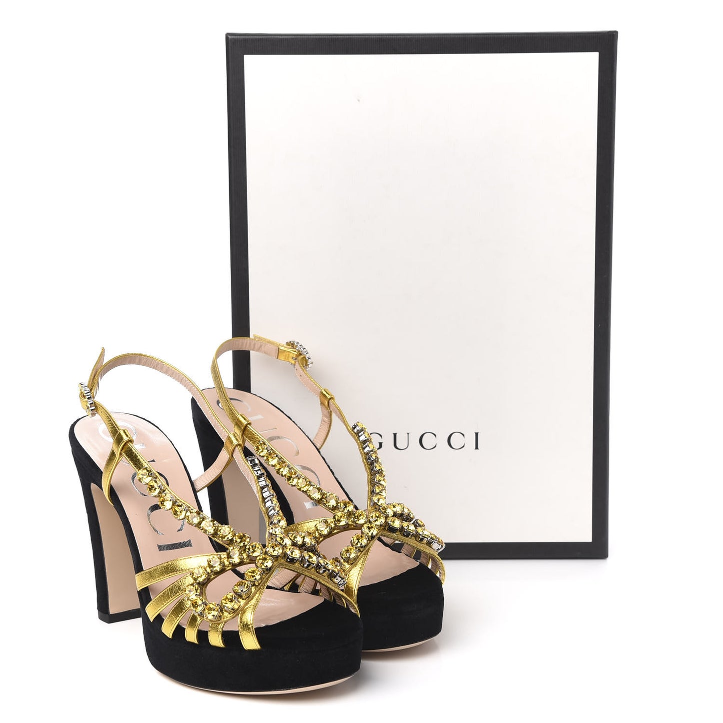 Velvet Nappa Crystal Zephyra Slingback Platform High Heel Sandals 36.5 Black Gold