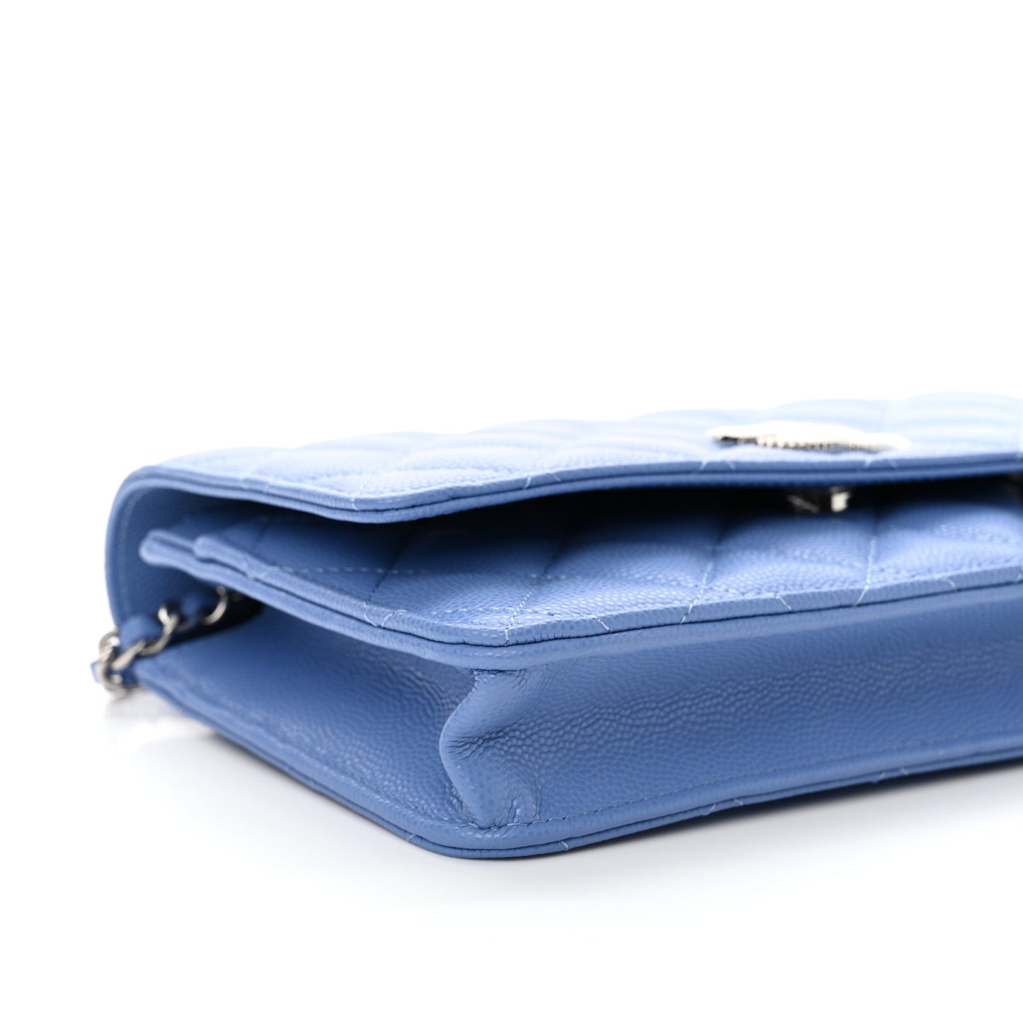 Caviar Quilted Ribbed Metal Wallet on Chain WOC Blue