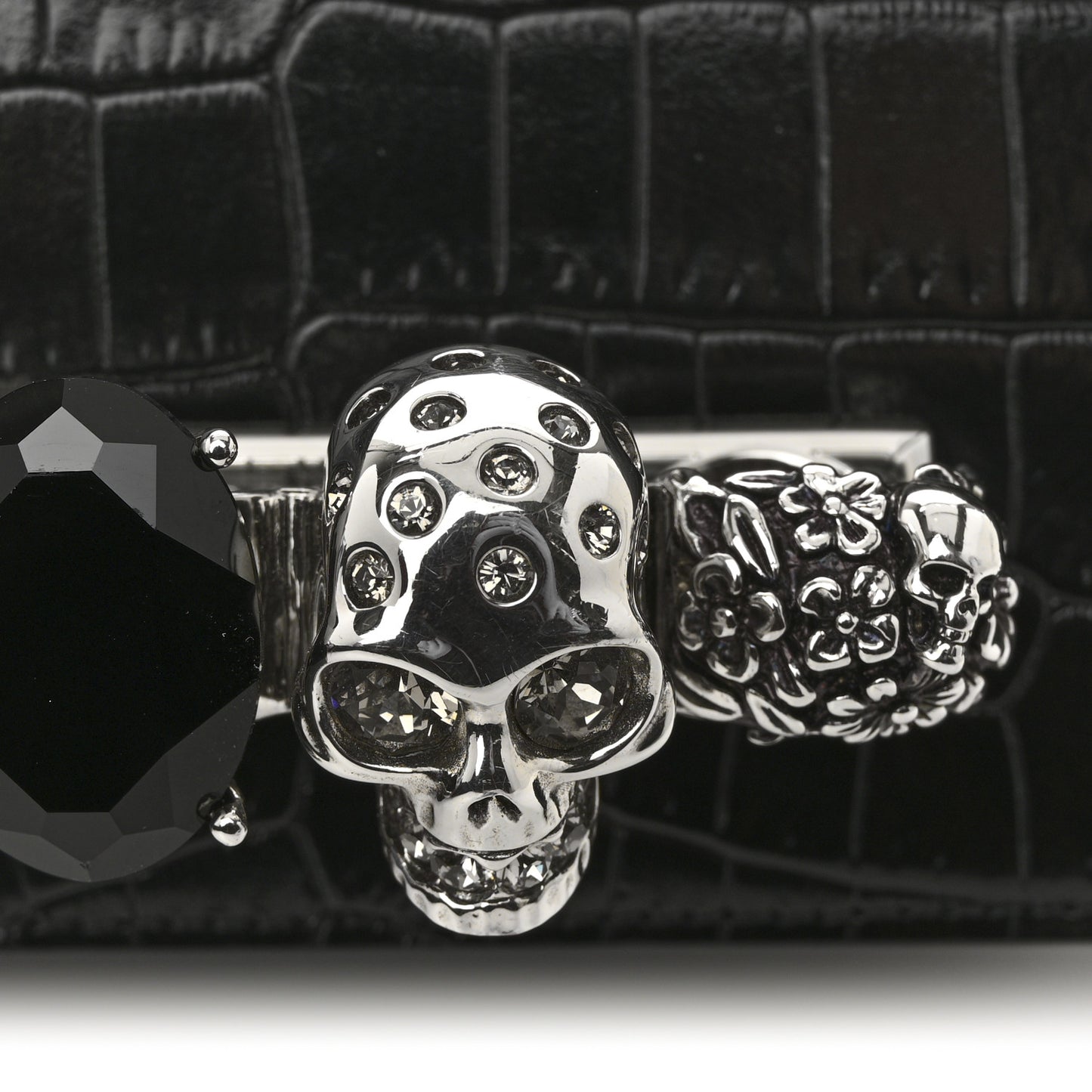 Shiny Calfskin Crocodile Embossed Mini Jeweled Satchel  Black
