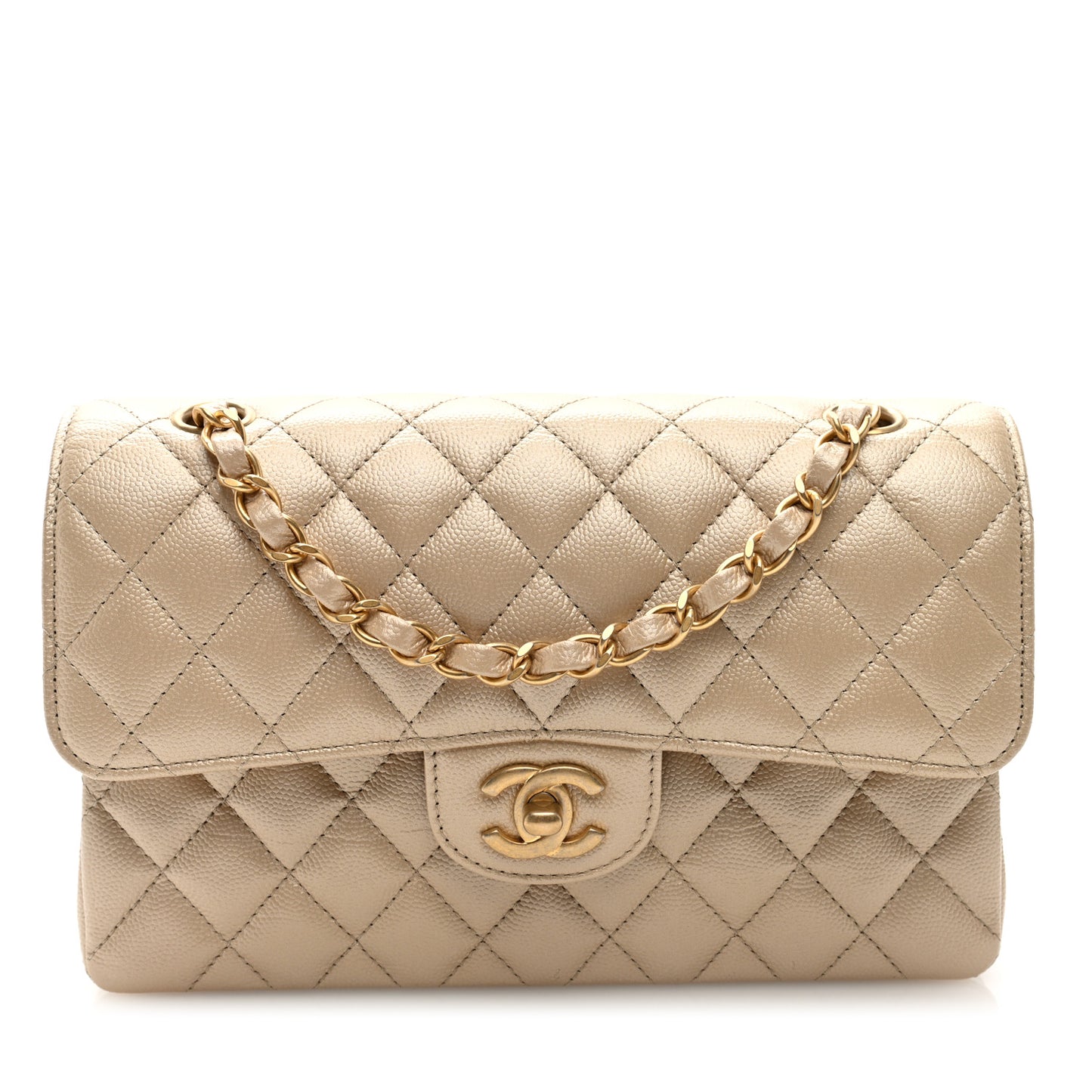 Iridescent Caviar Quilted Small Double Flap  Beige
