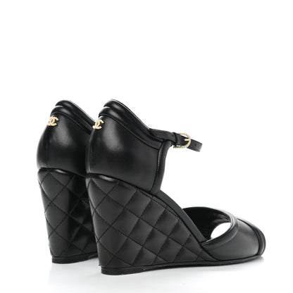 Chanel Lambskin Pearl Quilted Peep Toe Wedge Sandals 40 Black 4 of 9