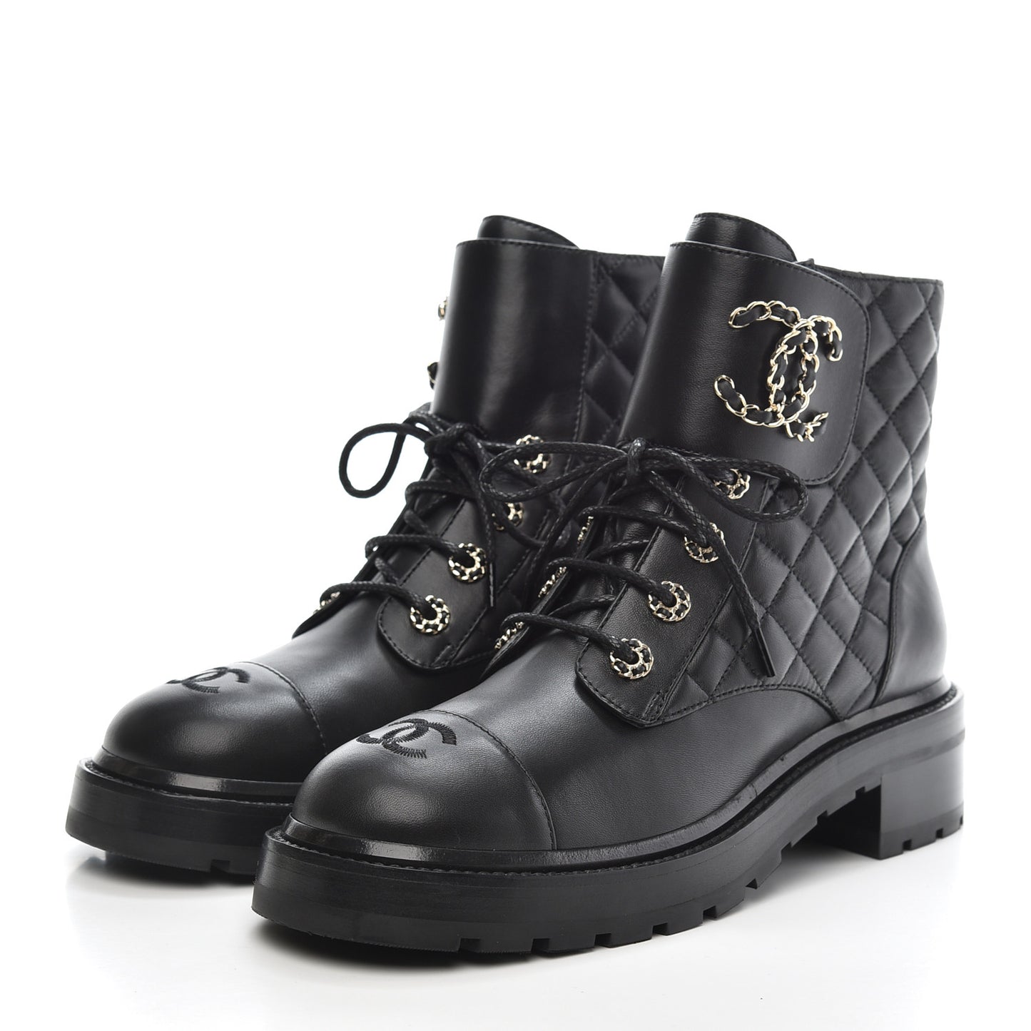 Shiny Lambskin Quilted Lace Up Combat Boots 39 Black