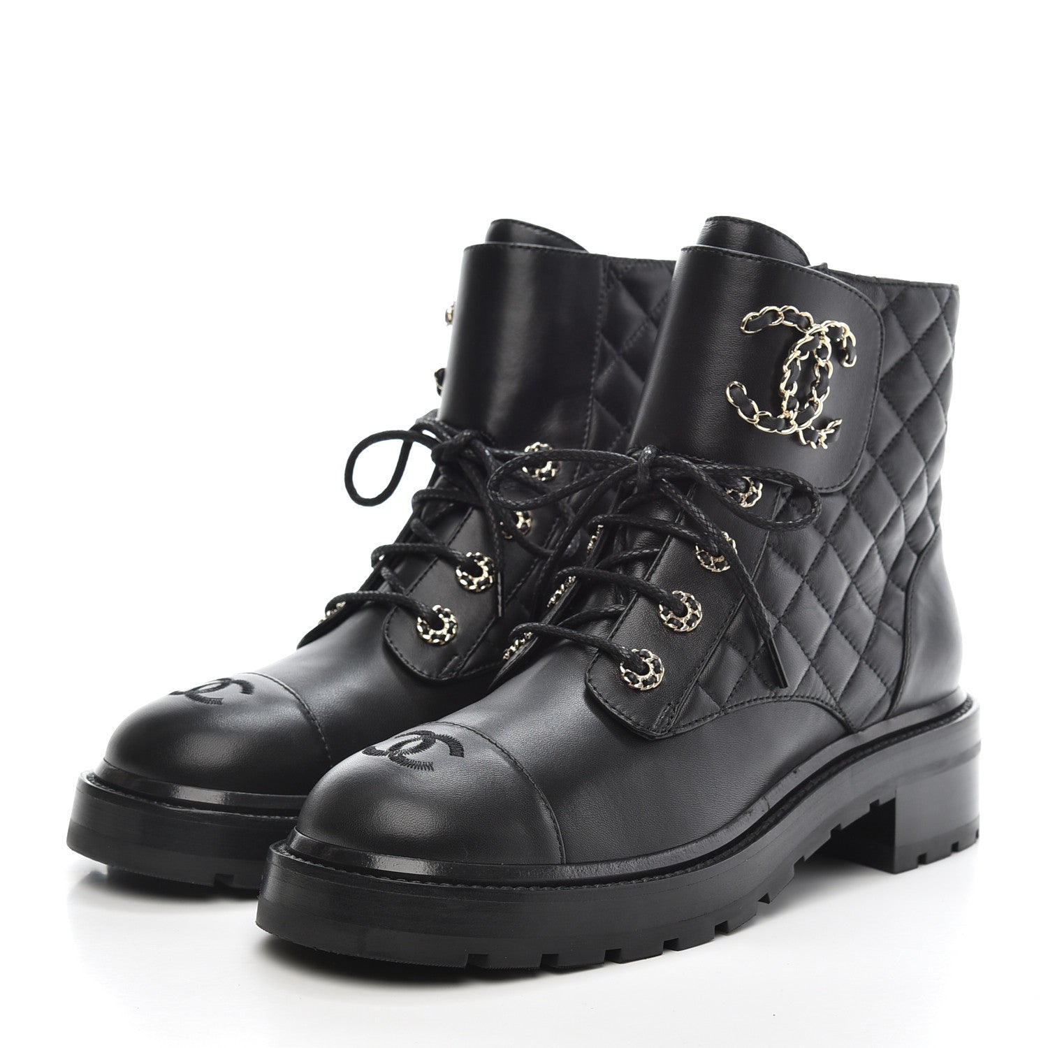 Chanel Shiny Lambskin Quilted Lace Up Combat Boots 39 Black 3 of 10