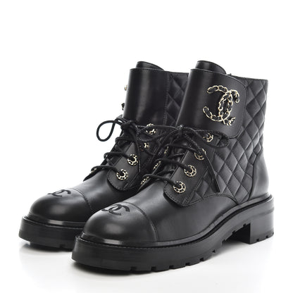 Chanel Shiny Lambskin Quilted Lace Up Combat Boots 39 Black 3 of 10