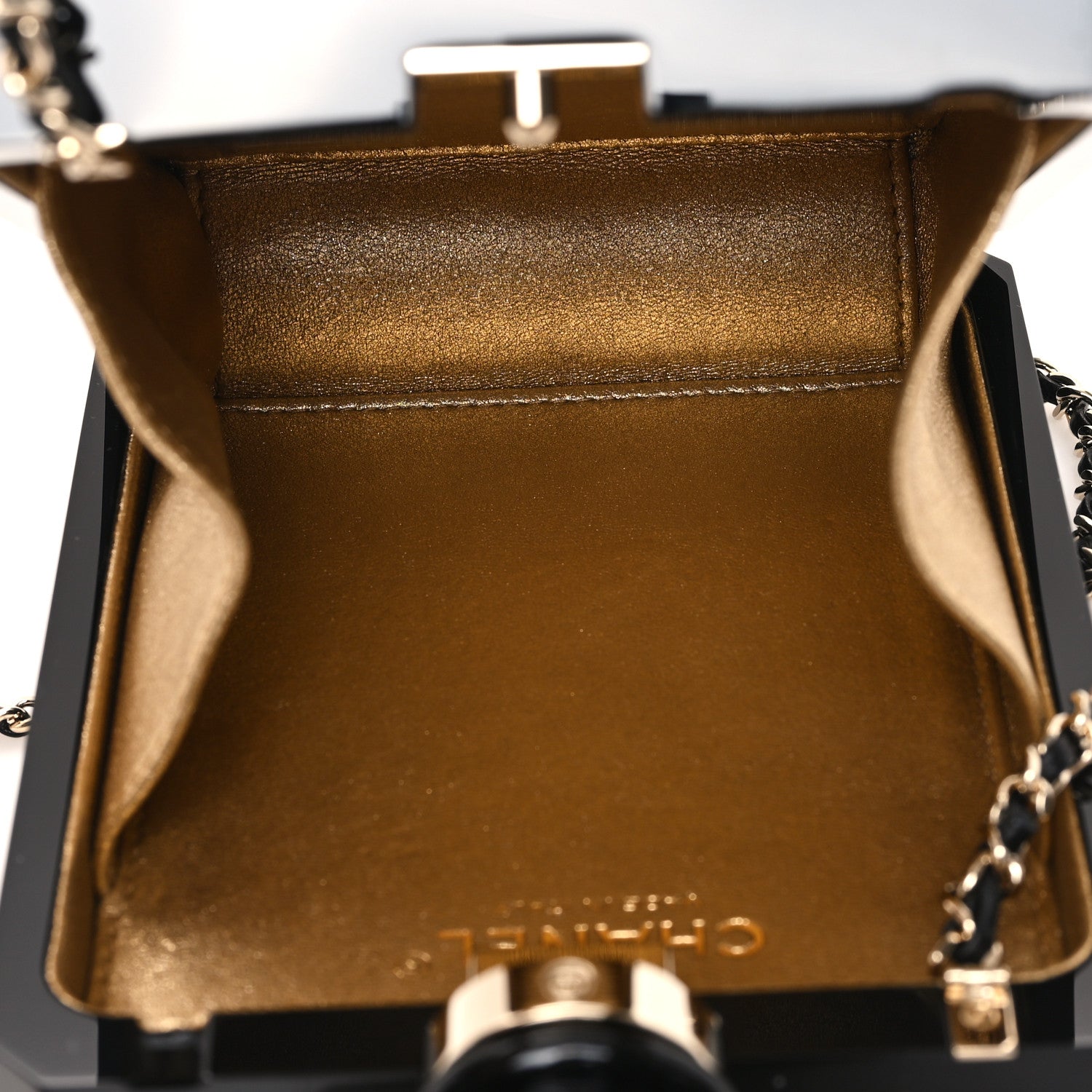 Chanel Plexiglass Perfume Bottle Clutch Black Gold 5 of 12