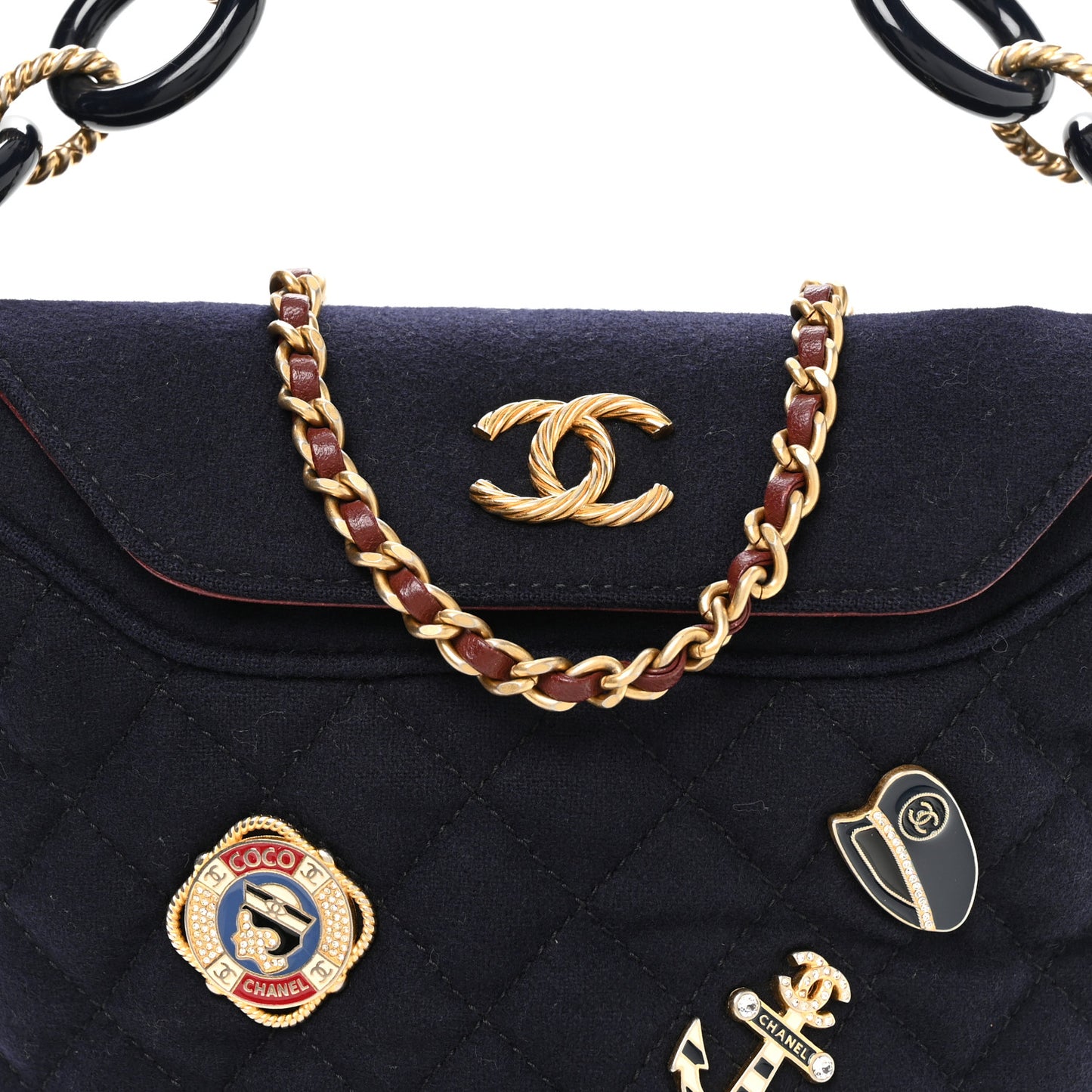 Wool Lambskin Quilted Paris Hamburg Charms Bucket Bag Dark Navy