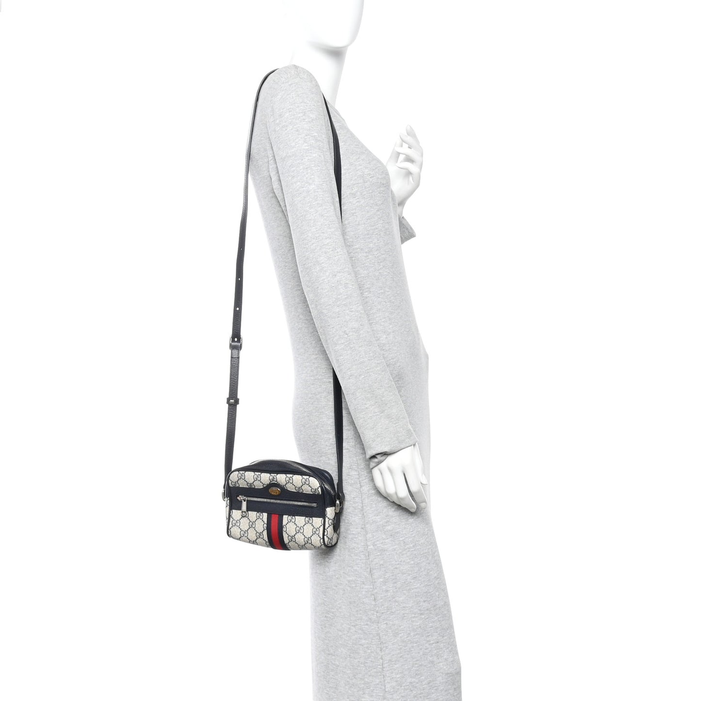 GG Supreme Monogram Textured Dollar Calfskin Web Mini Ophidia Shoulder Bag Beige Blue