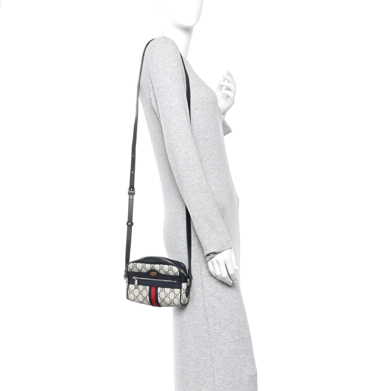 Gucci GG Supreme Monogram Textured Dollar Calfskin Web Mini Ophidia Shoulder Bag Beige Blue 2 of 12