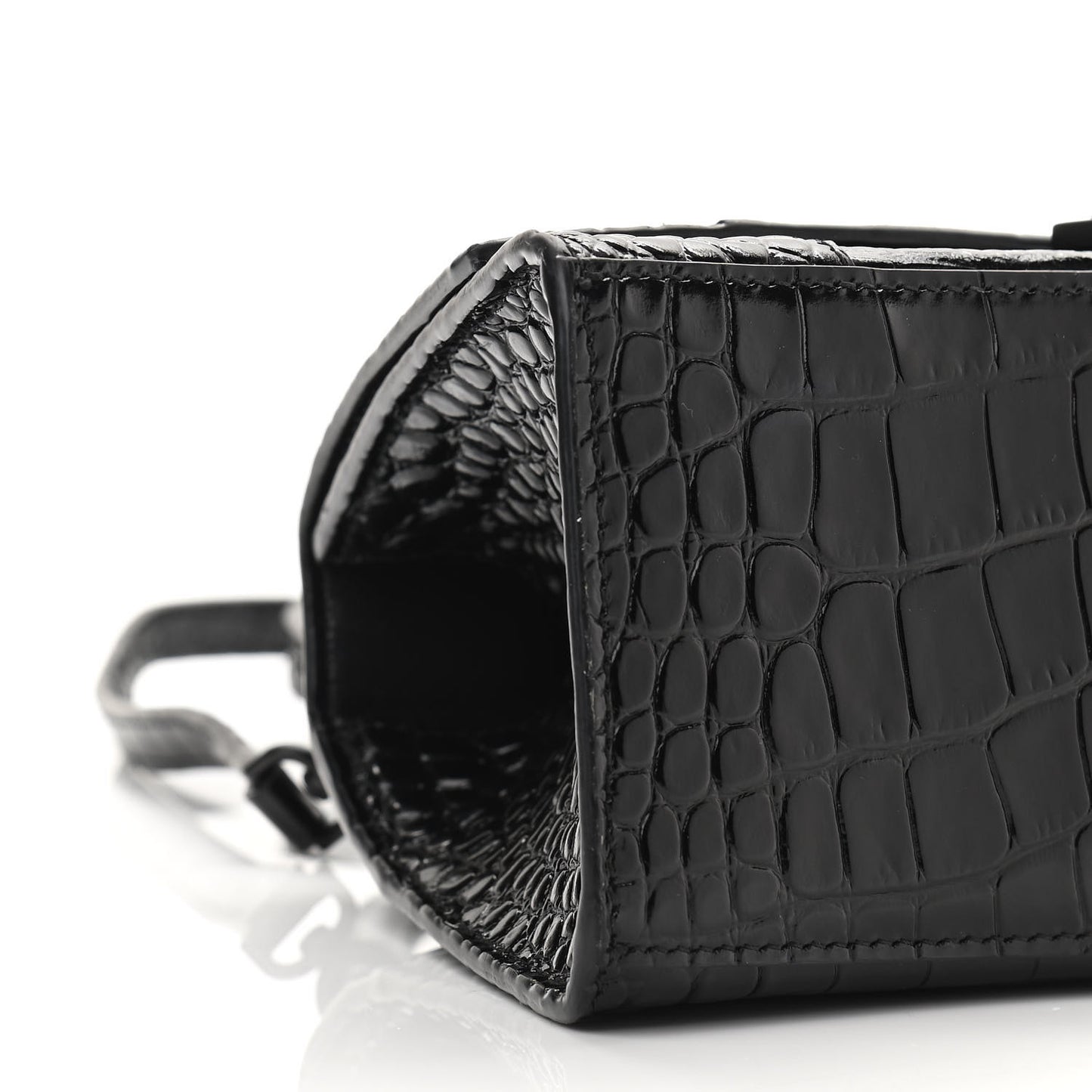 Shiny Calfskin Monochrome Crocodile Embossed Small Hourglass Top Handle Bag Black