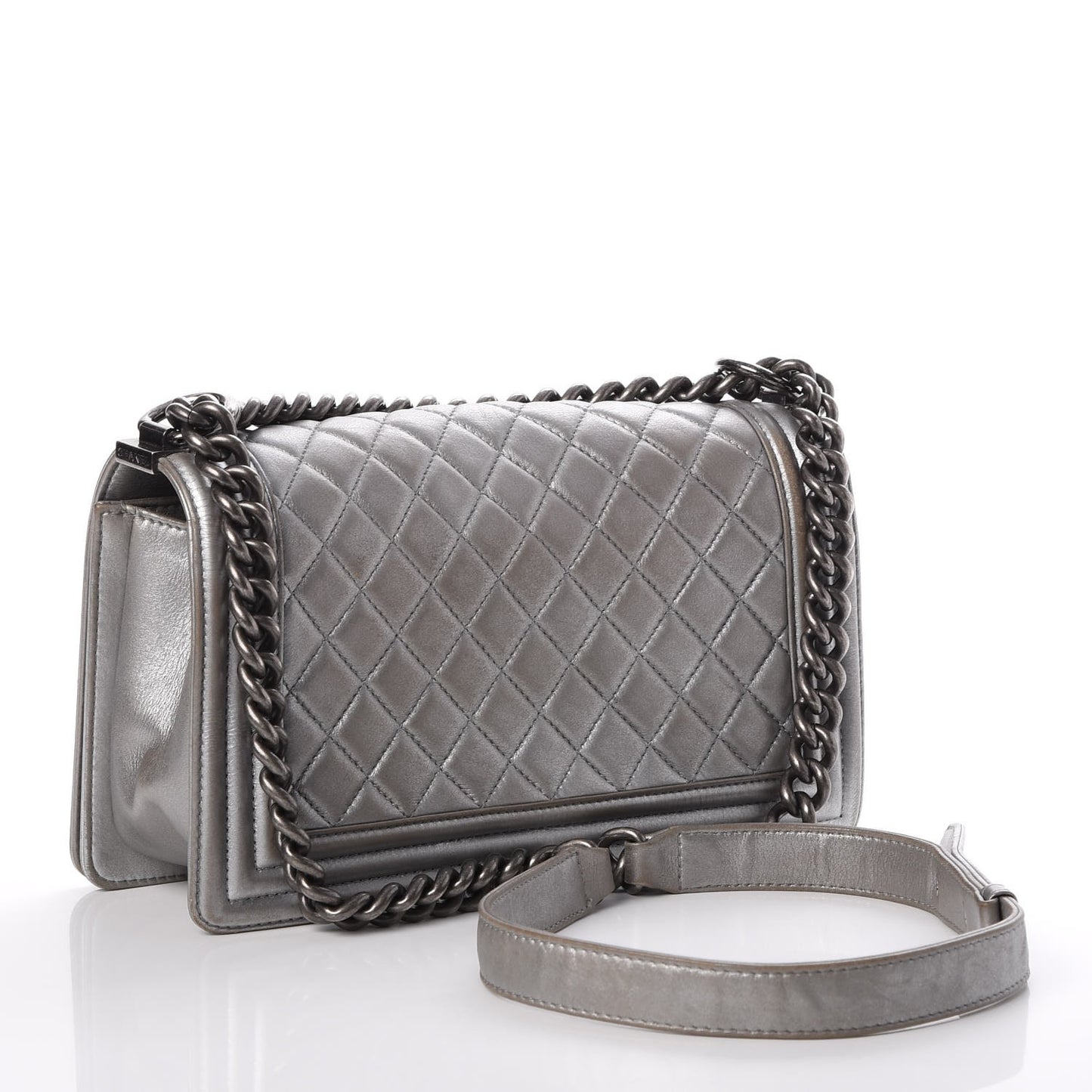 Metallic Calfskin Quilted Medium Boy Flap Silver