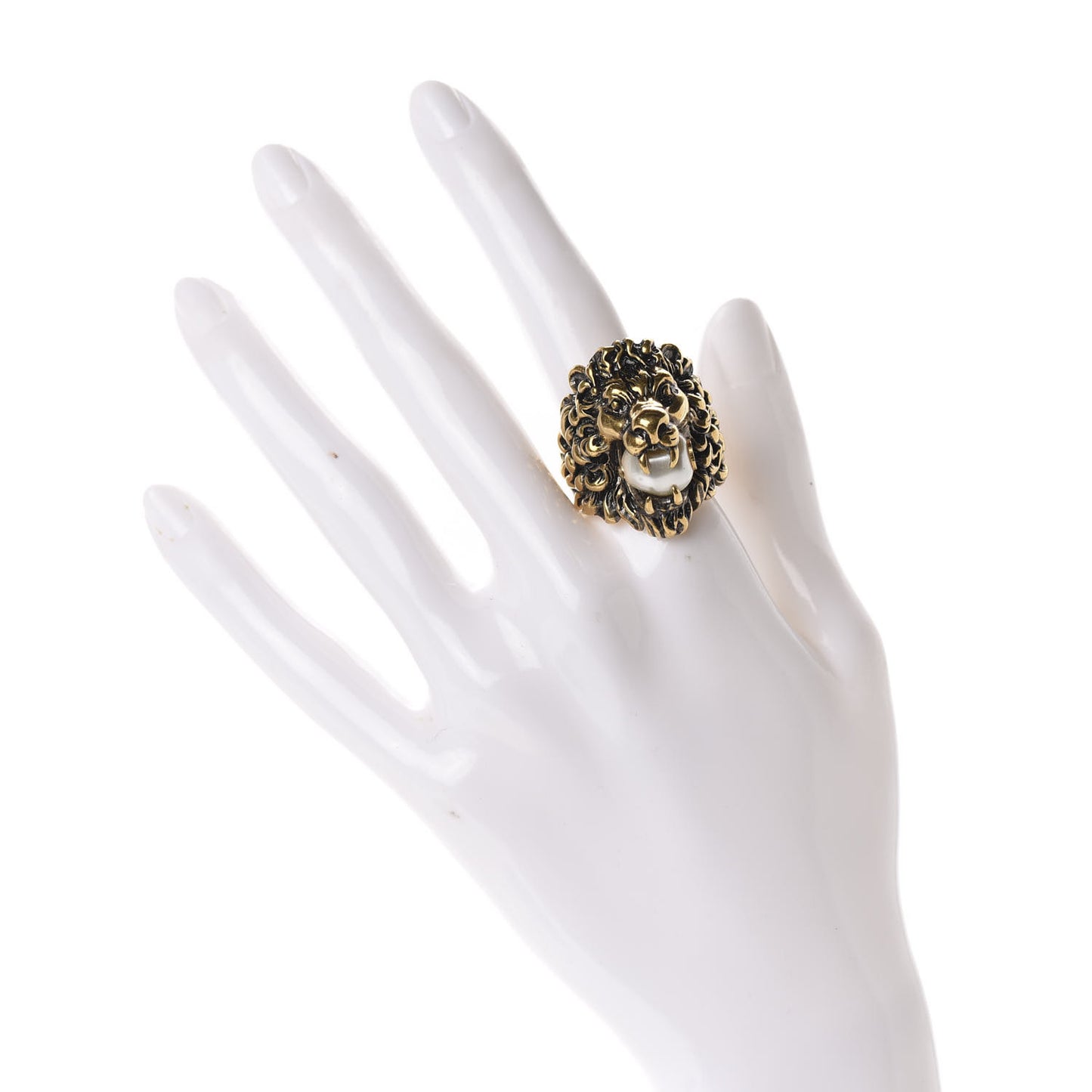 Metal Glass Pearl Lion Head Ring 10.5 Aged Gold