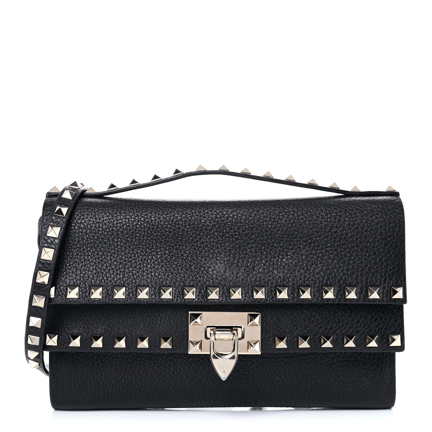 Pebbled Calfskin Rockstud Double Flap Crossbody Bag Black