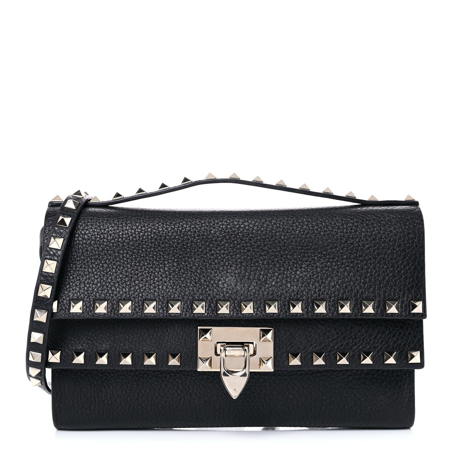 Valentino Garavani Pebbled Calfskin Rockstud Double Flap Crossbody Bag Black 1 of 16