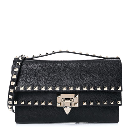 Valentino Garavani Pebbled Calfskin Rockstud Double Flap Crossbody Bag Black 1 of 16