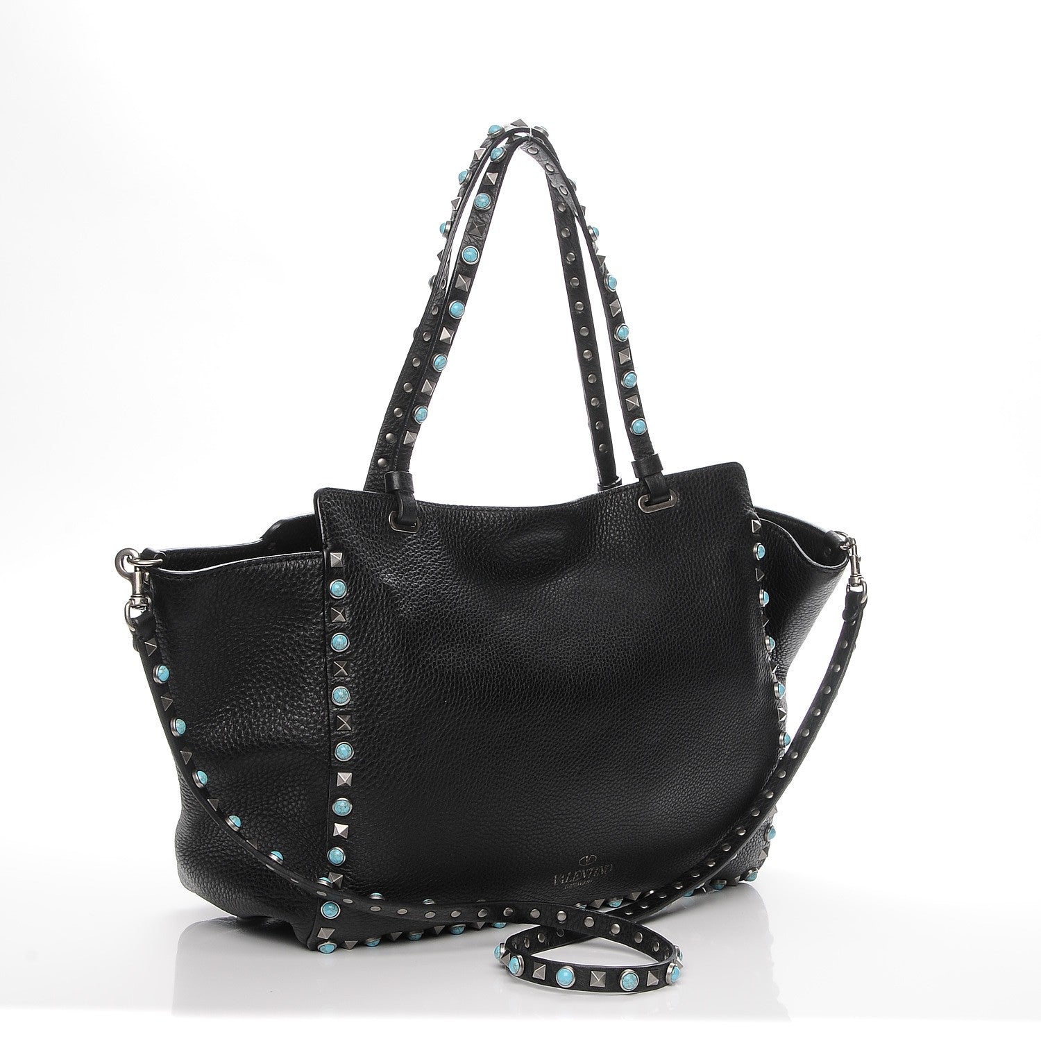 Valentino Garavani Grained Calfskin Turquoise Medium Rockstud Rolling Tote Black 3 of 7