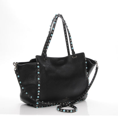 Valentino Garavani Grained Calfskin Turquoise Medium Rockstud Rolling Tote Black 3 of 7