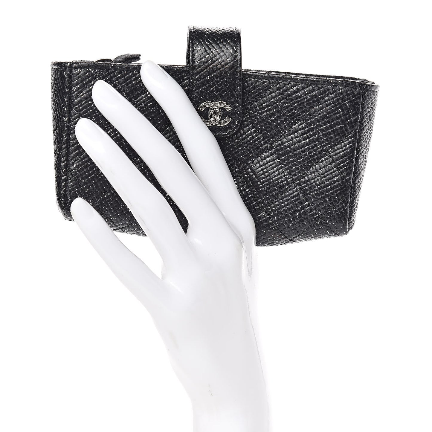 Glittered Calfskin Quilted Mini Phone Holder Clutch Black