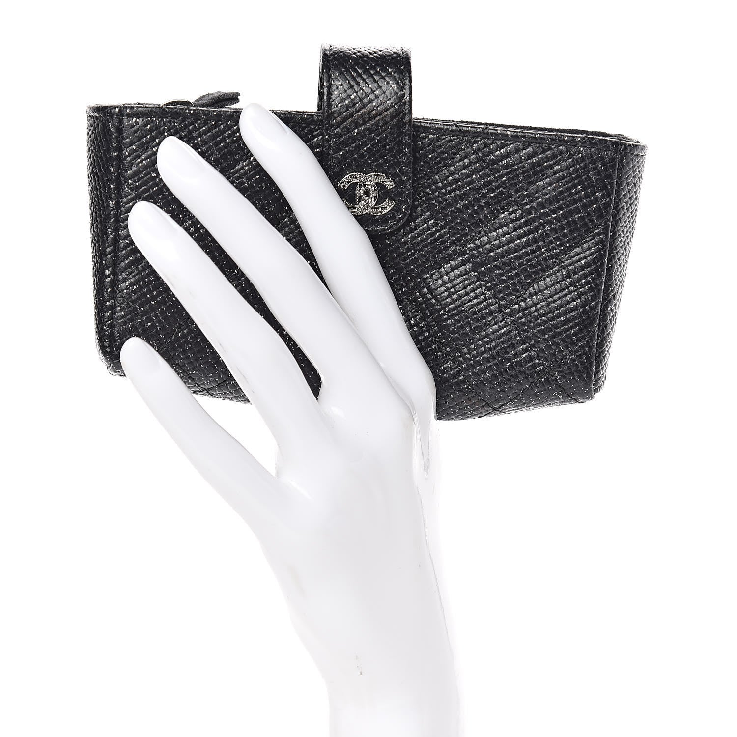 Chanel Glittered Calfskin Quilted Mini Phone Holder Clutch Black 2 of 8