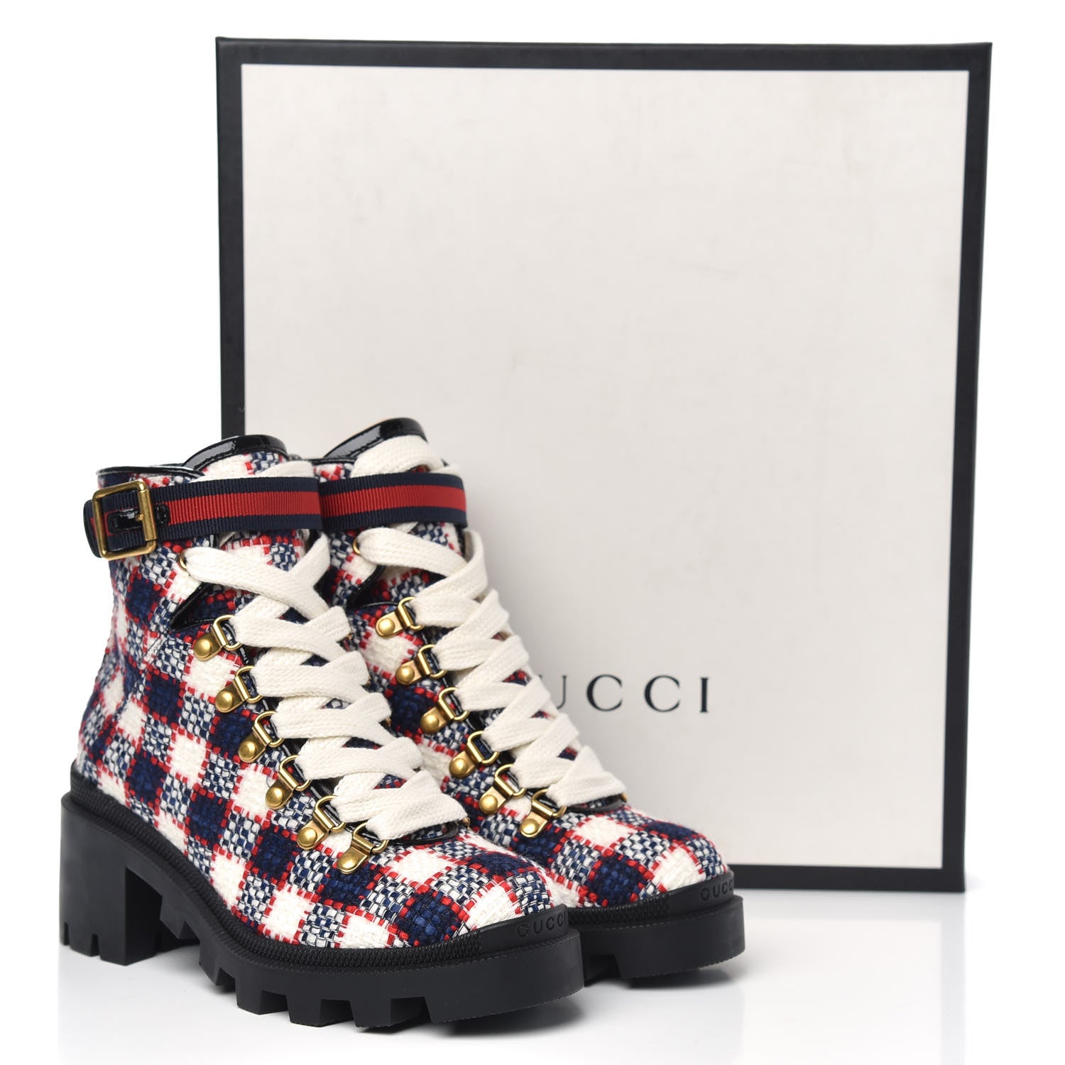 Gucci Vintage Tweed Check Lace Up Combat Ankle Boots 35.5 White Hibiscus Red Marine 8 of 8