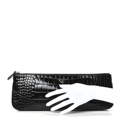 Prada Calfskin Crocodile Embossed Long Clutch Black 2 of 7