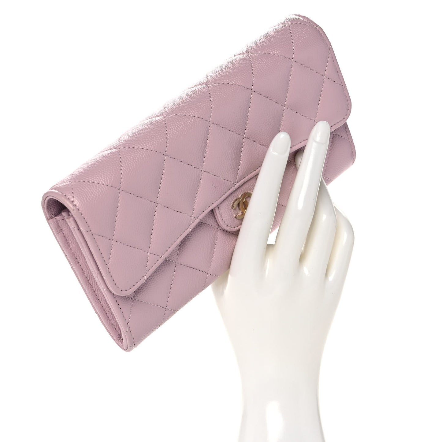 Caviar Quilted Large Gusset Flap Wallet Light Pink
