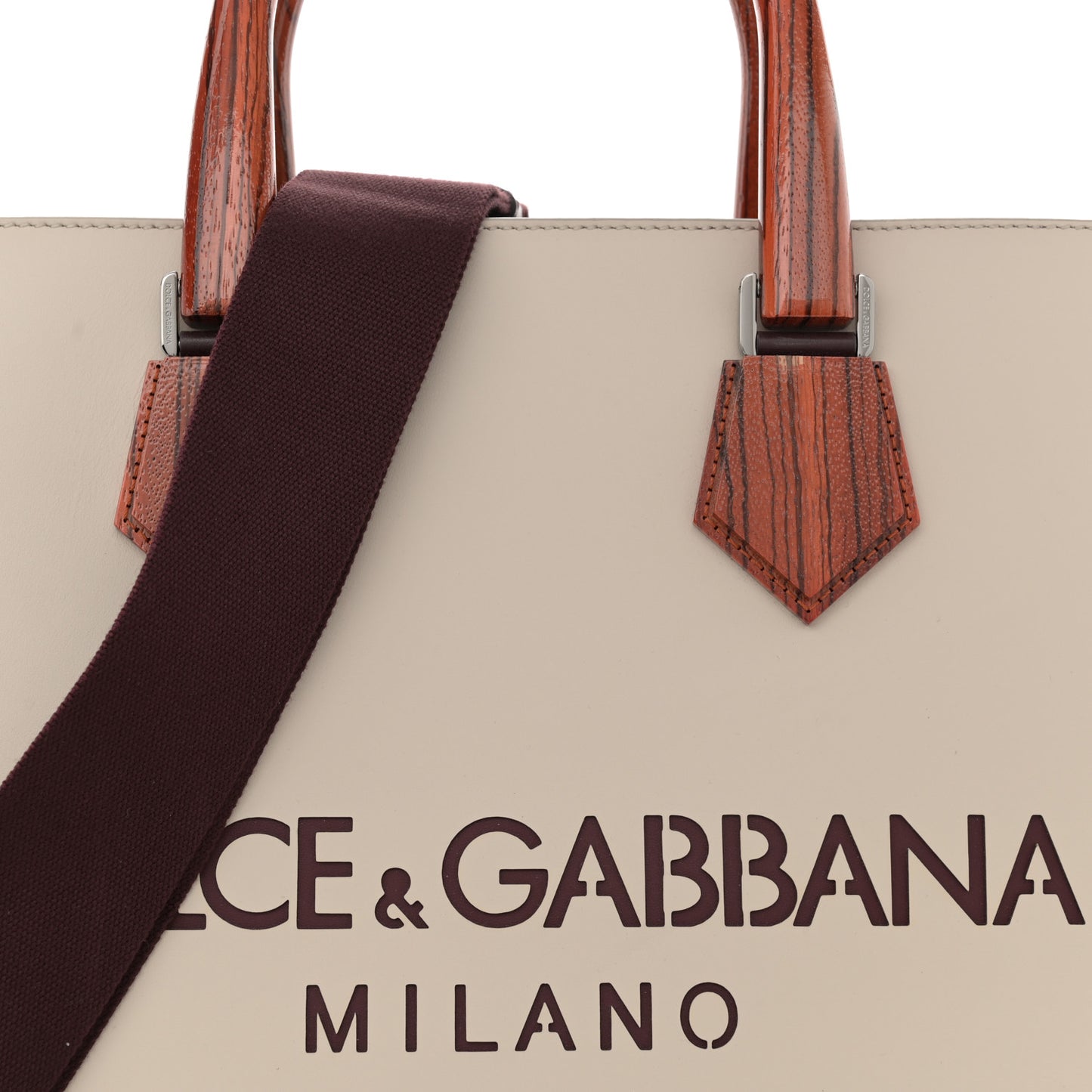 Calfskin Wood Laser Cut Logo Large Edge Shopper Tote Beige Brown